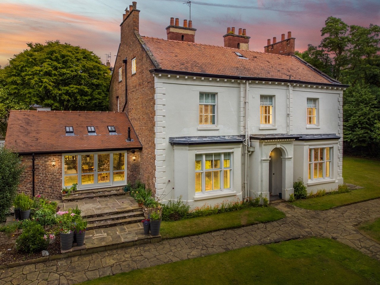 Bowdon Old Hall at twilight, aerial view